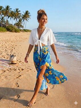 White Tie-Front Crop Top with Blue Floral Maxi Skirt